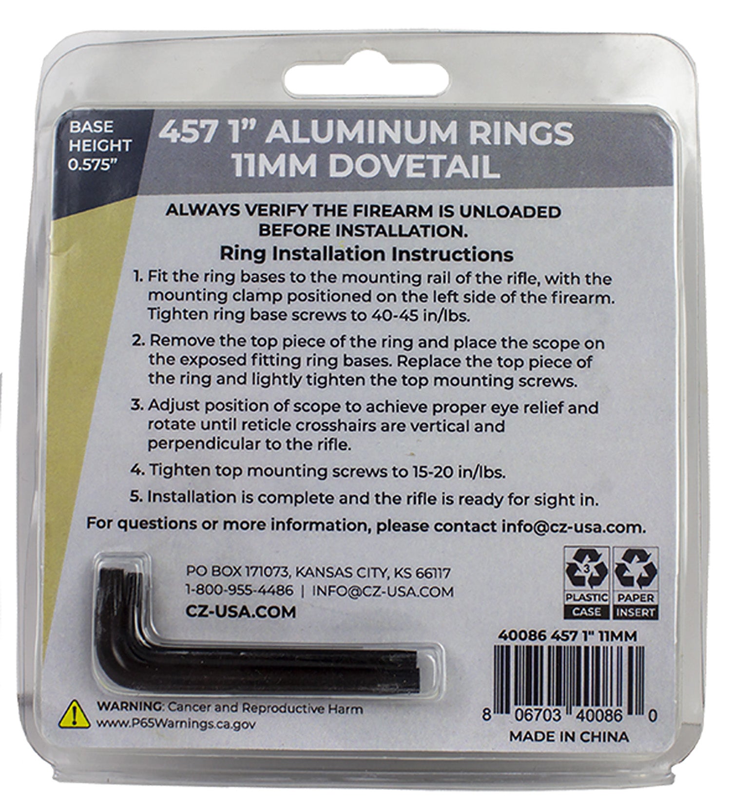 CZ 40086 ALUM SCOPE RINGS 1IN  CZ457 11MM DOVETAIL
