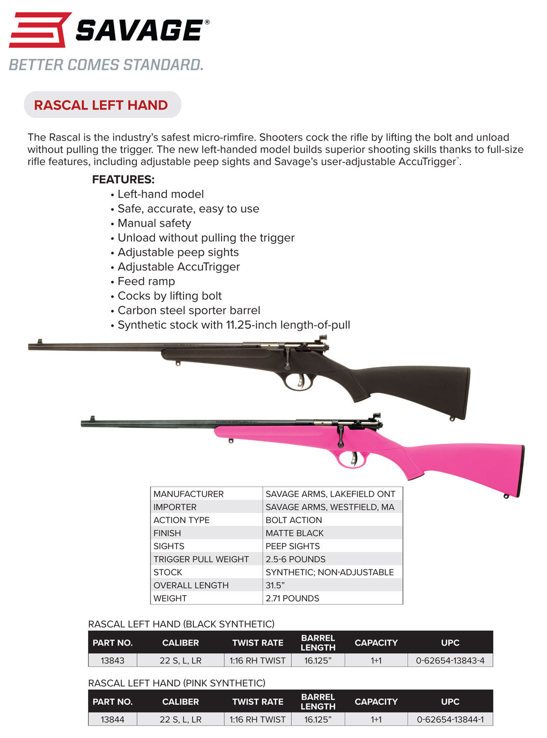 SAV 13844 RASCAL     22LR PINK LH