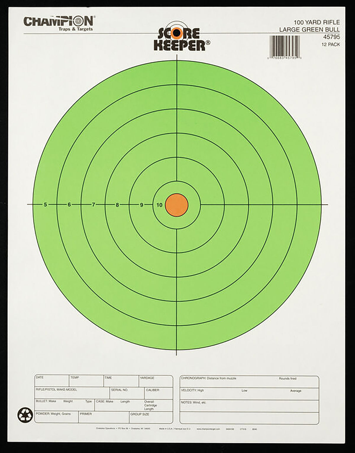 CHAMP 45795      100YD LG GRN BULLEYE 12PK