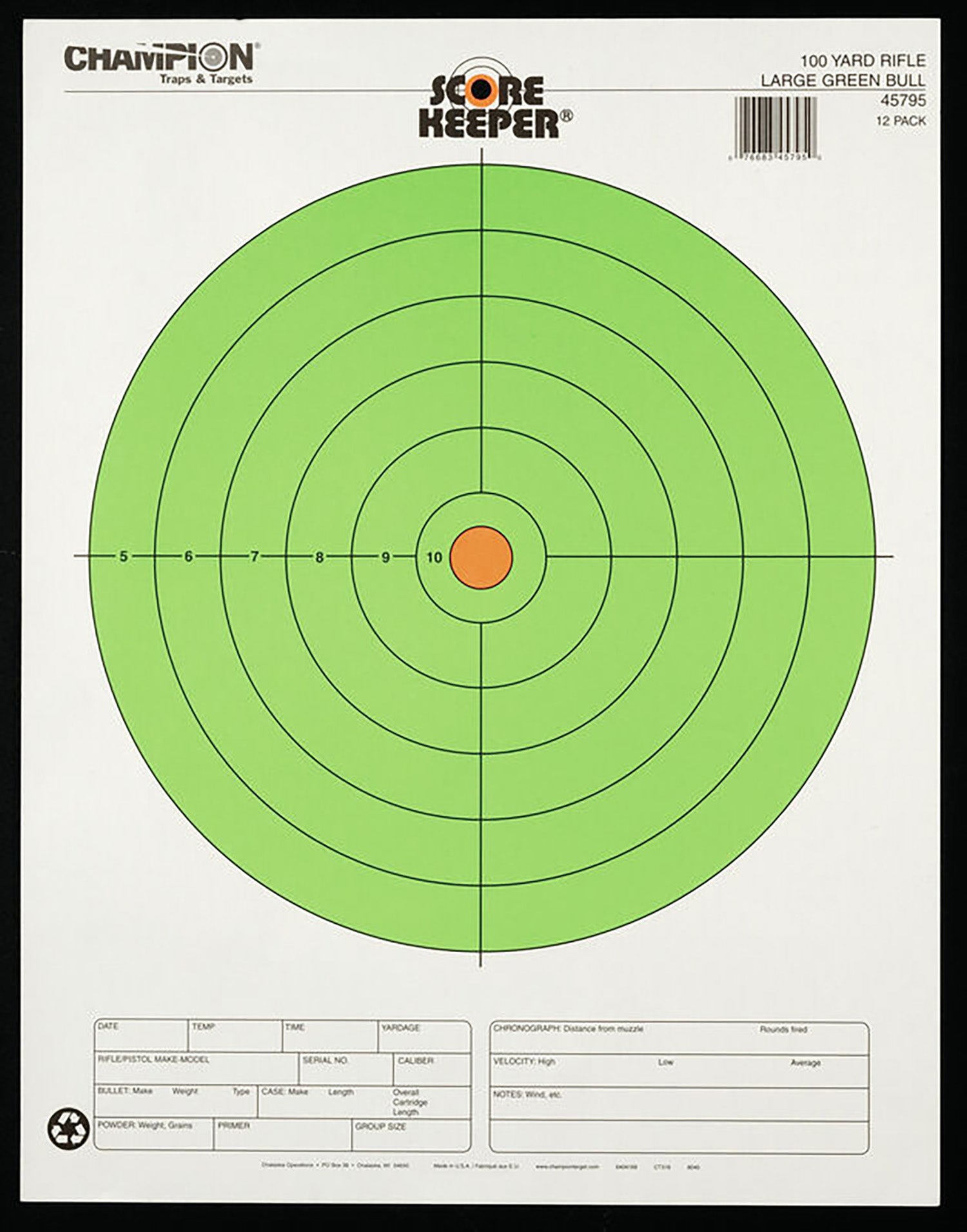 CHAMP 45795      100YD LG GRN BULLEYE 12PK