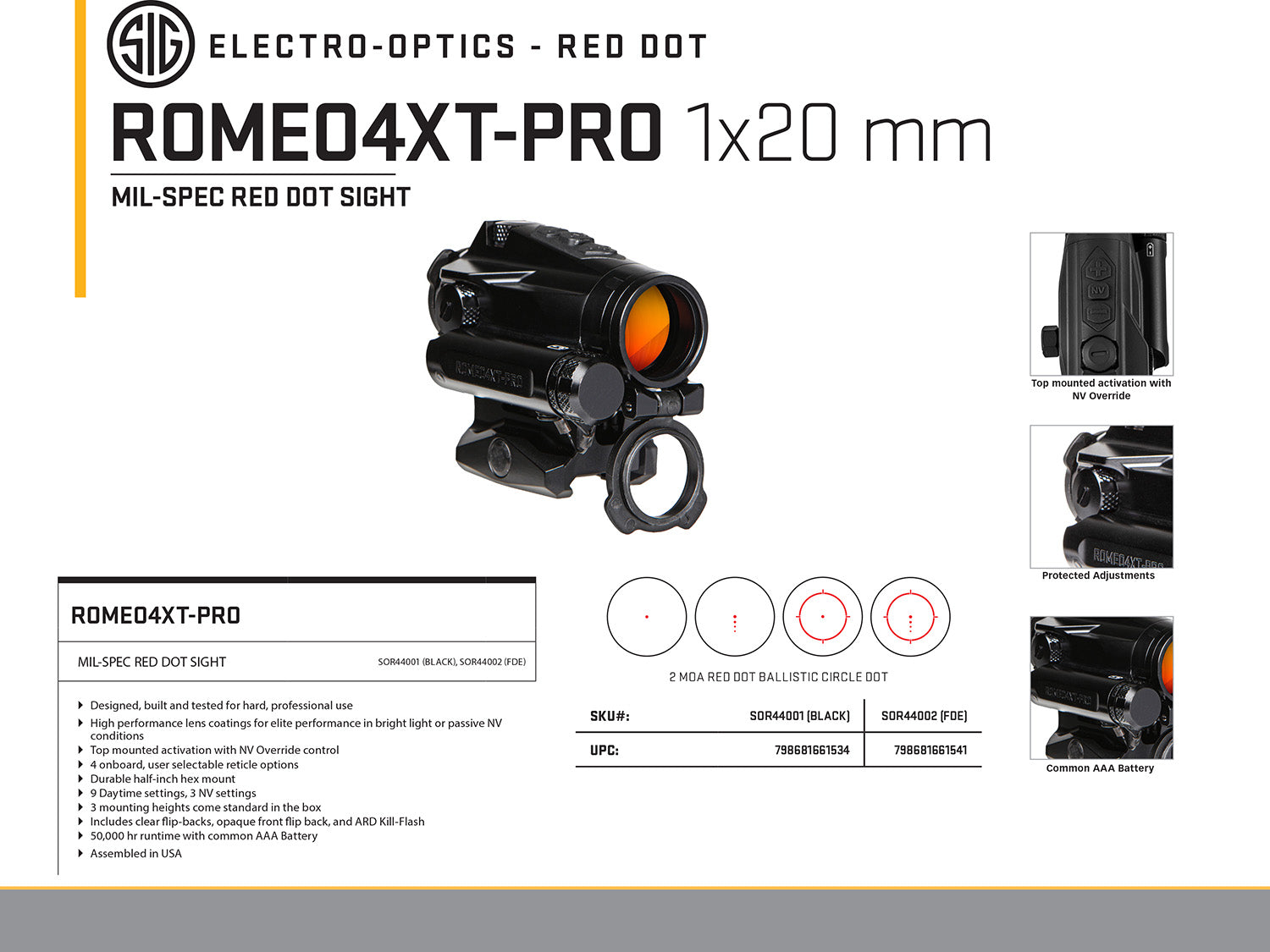 SIG SOR44001    ROMEO4 PRO 2MOA 4 RETICLES     BLK