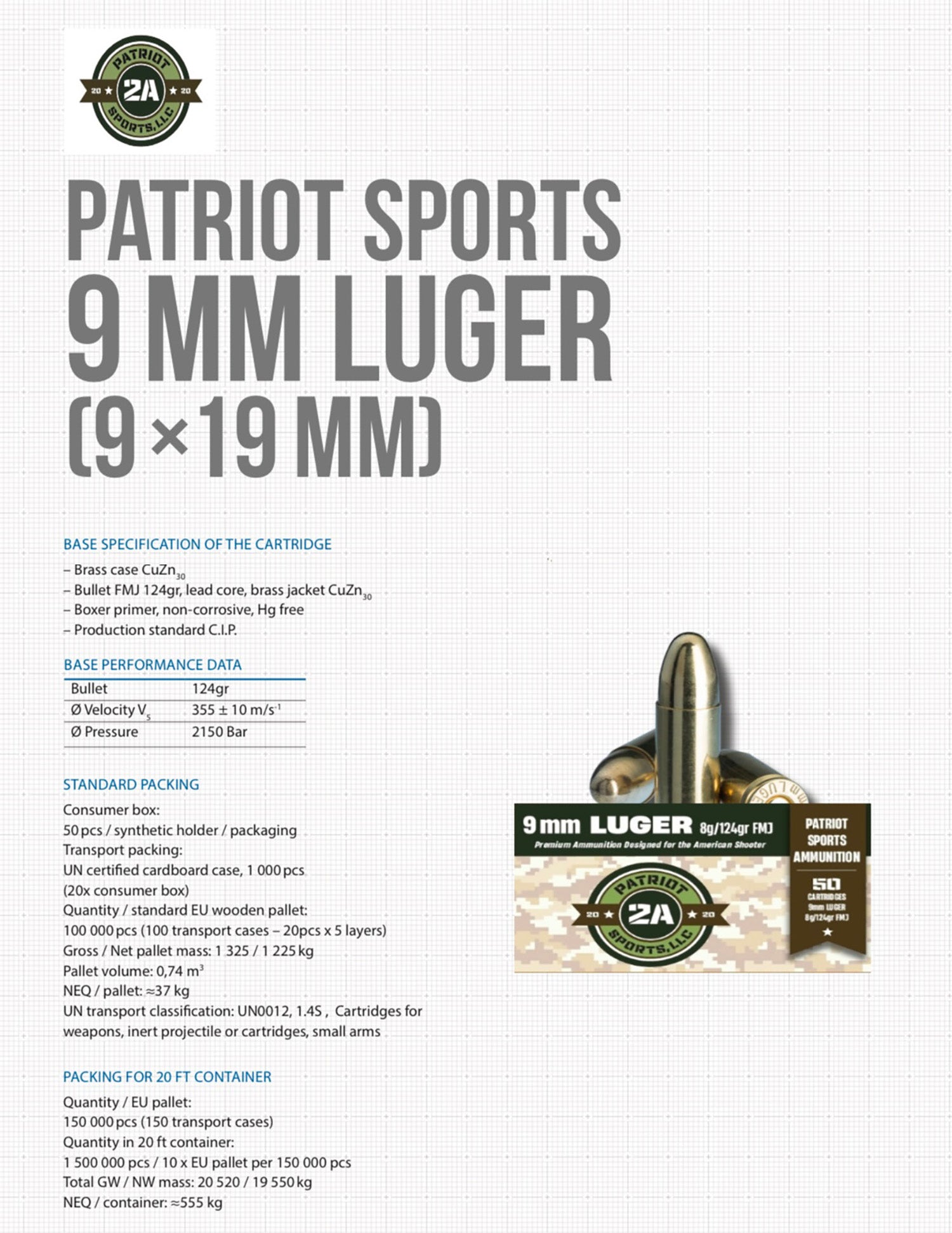 PATRIOT P9MM124F       9MM 124 FMJ           50/20