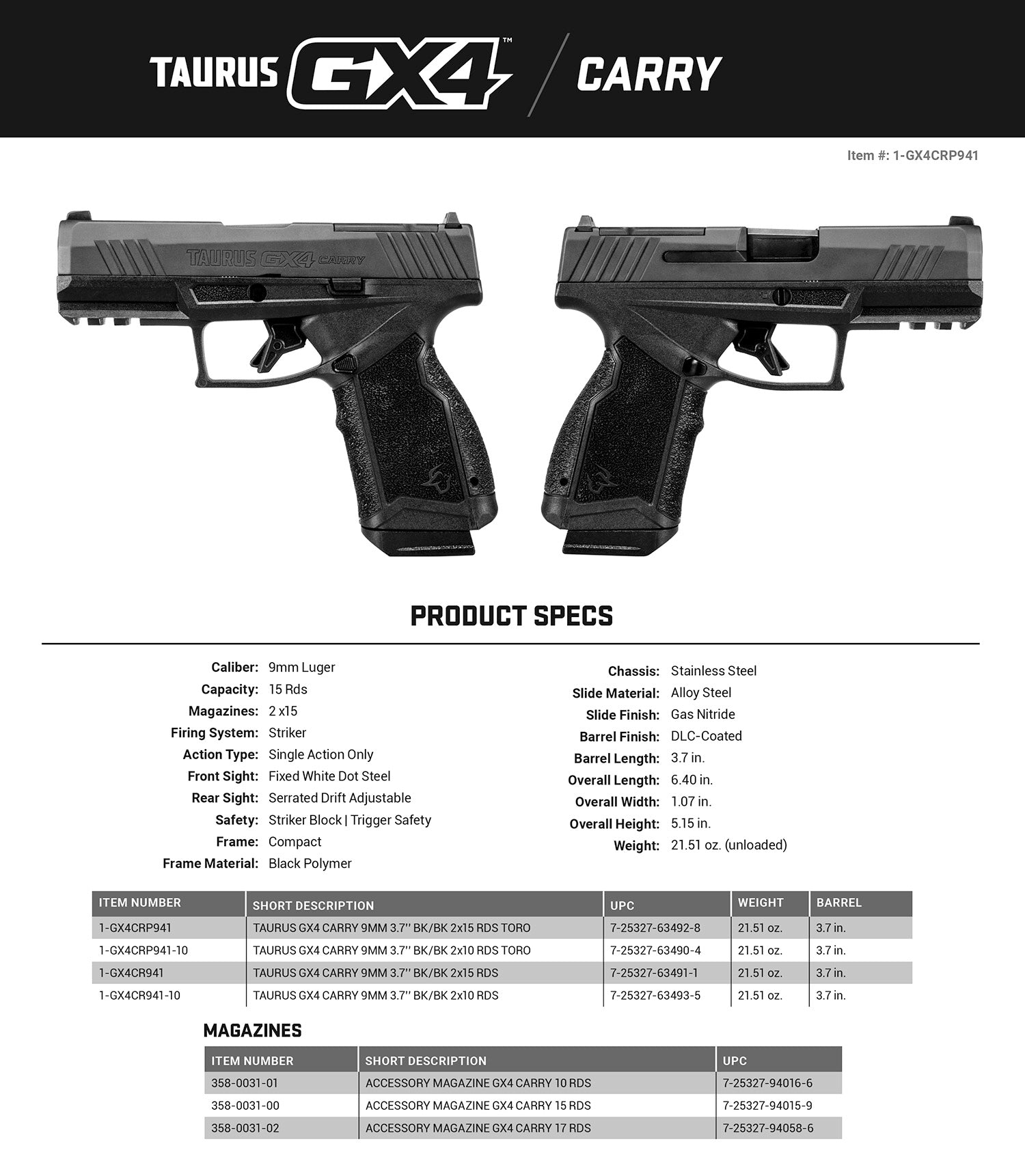 TAU 1-GX4CR941         GX4 9MM 3.7    15R      BLK