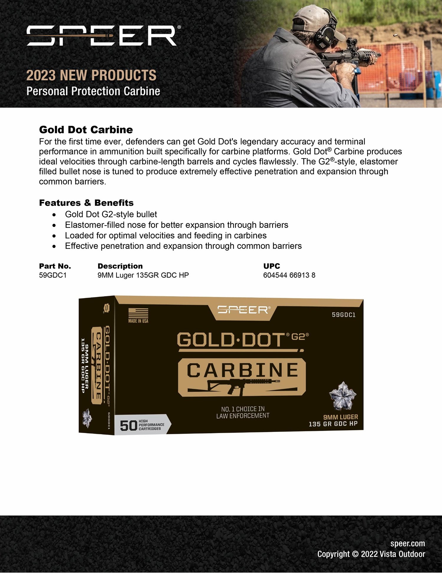 SPEER 59GDC1  GOLD DOT   9MM   135 HP CAR    50/20