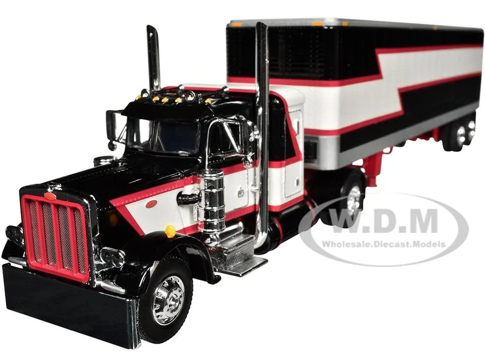 60-1683 Peterbilt 359 with 36 Flat Top Sleeper & 40 Vintage Dry Goods Trailer with Stripes 1-64 Scale Diecast Model Truck, Black, Cream & Red